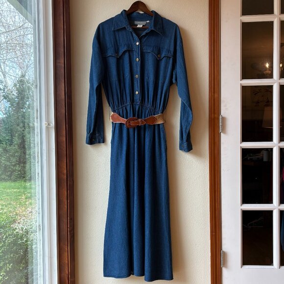 Carol Anderson Dresses & Skirts - VTG 80s Denim Maxi Dress Long Sleeves Pockets Collared Front Button Sz L Prairie